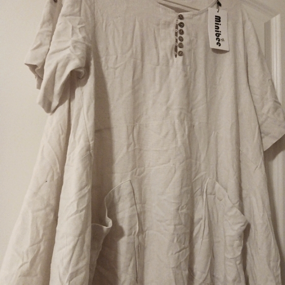 Linen Tunic Dress Cream Oversized with Pockets Lagenlook Medium - Picture 8 of 10